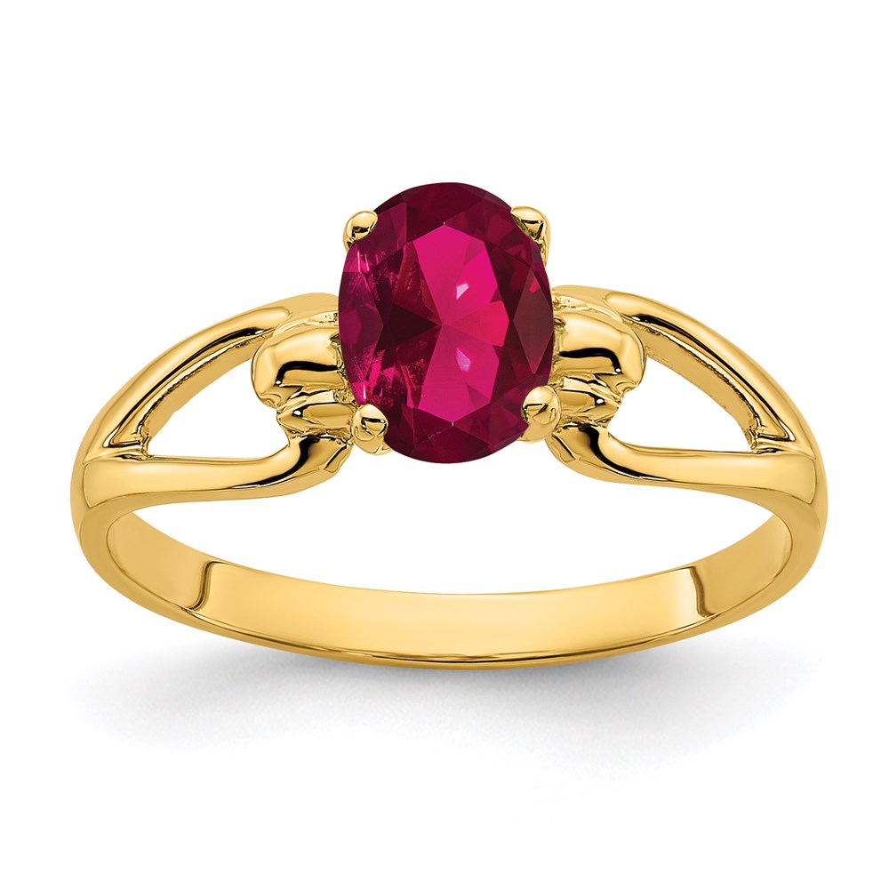 14k yellow gold 7x5mm oval created ruby ring y4641cr