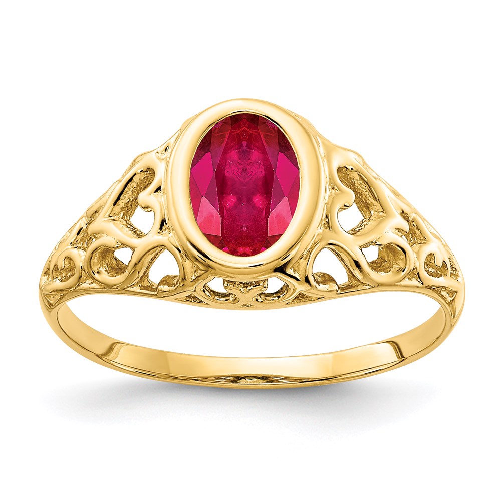 14k yellow gold 7x5mm oval created ruby ring y4673cr