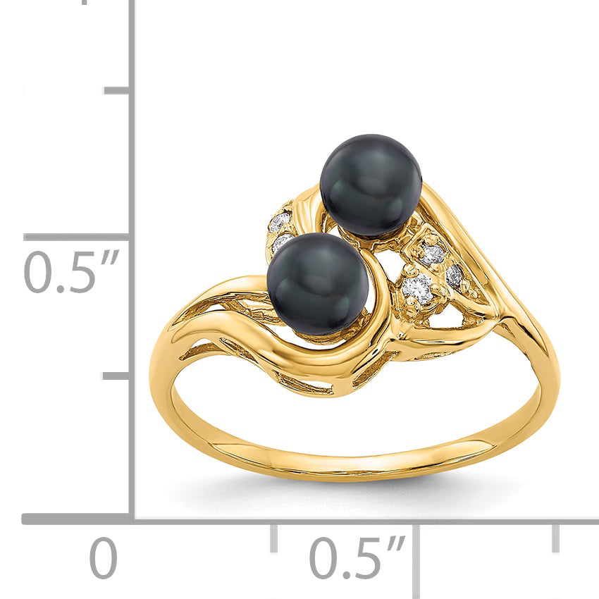 14K イエロー ゴールド 4.5mm ブラック FW 養殖真珠 VS リアル ダイヤモンド リング